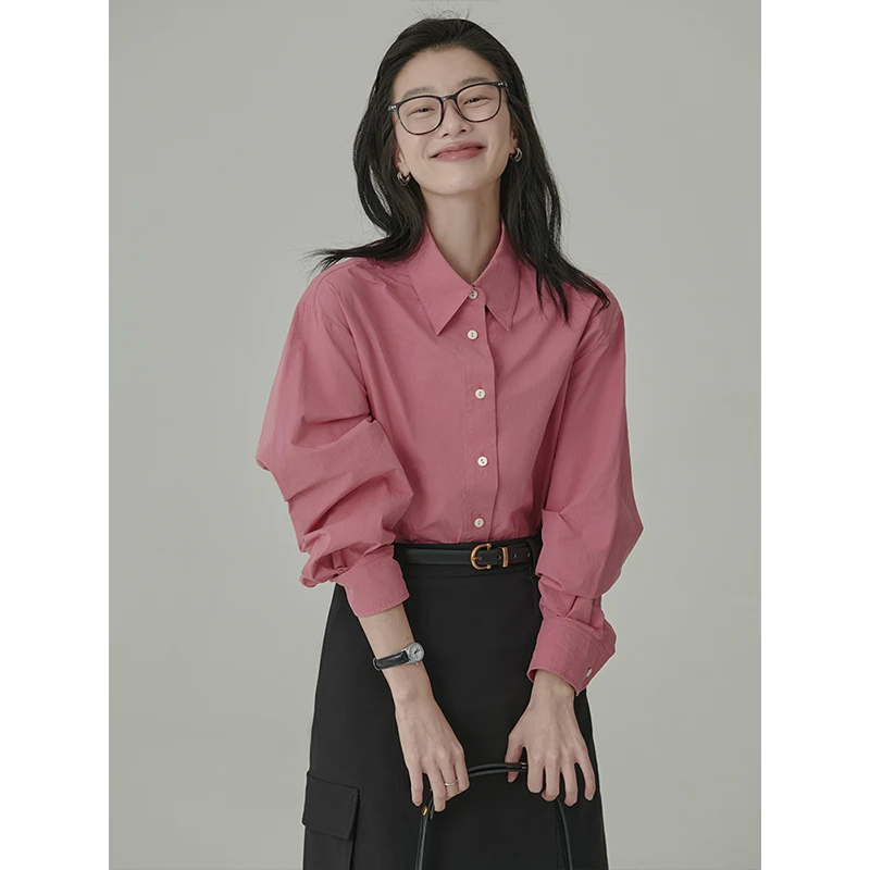 韩系叠穿树莓粉衬衫女春季小众设计感长袖上衣内搭休闲慵懒风衬衣