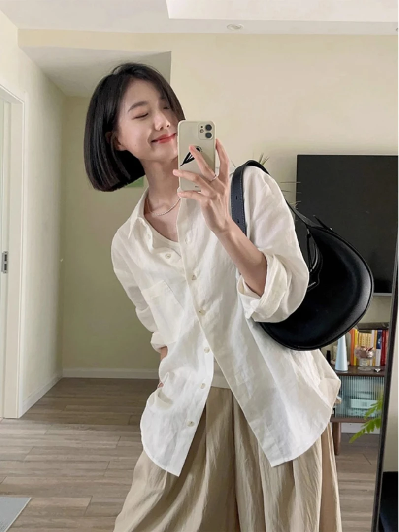 日系复古白色防晒长袖衬衫女春季新款宽松休闲小个子薄款衬衣上衣