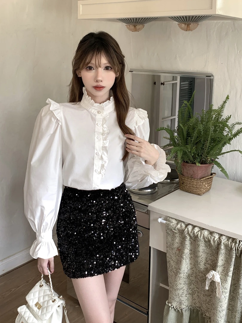 韩系花边白色长袖衬衫女早春2025新款设计感小众气质时尚盐系衬衣