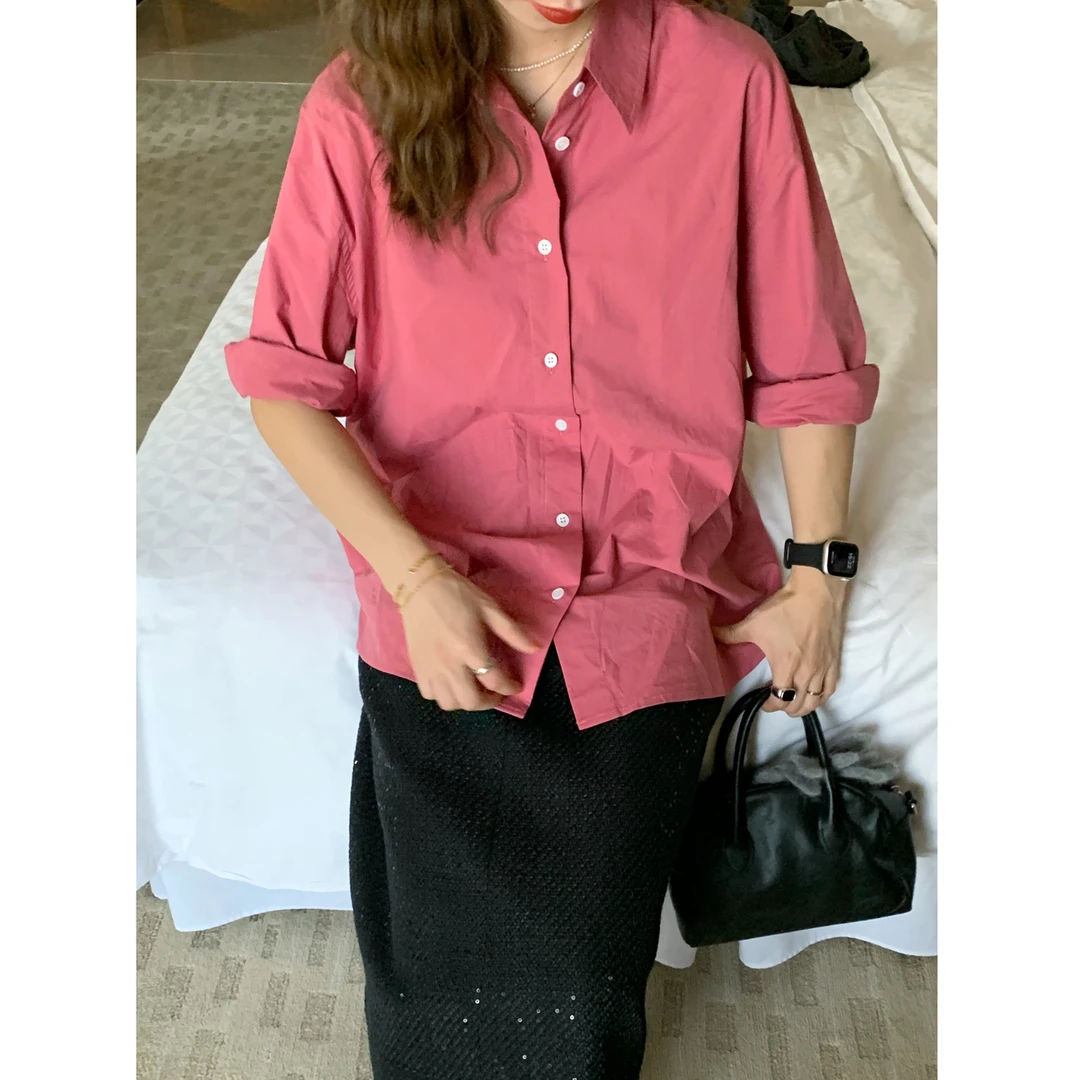 复古气质梅子粉长袖衬衫女春季2025新款POLO领松弛感内搭叠穿上衣