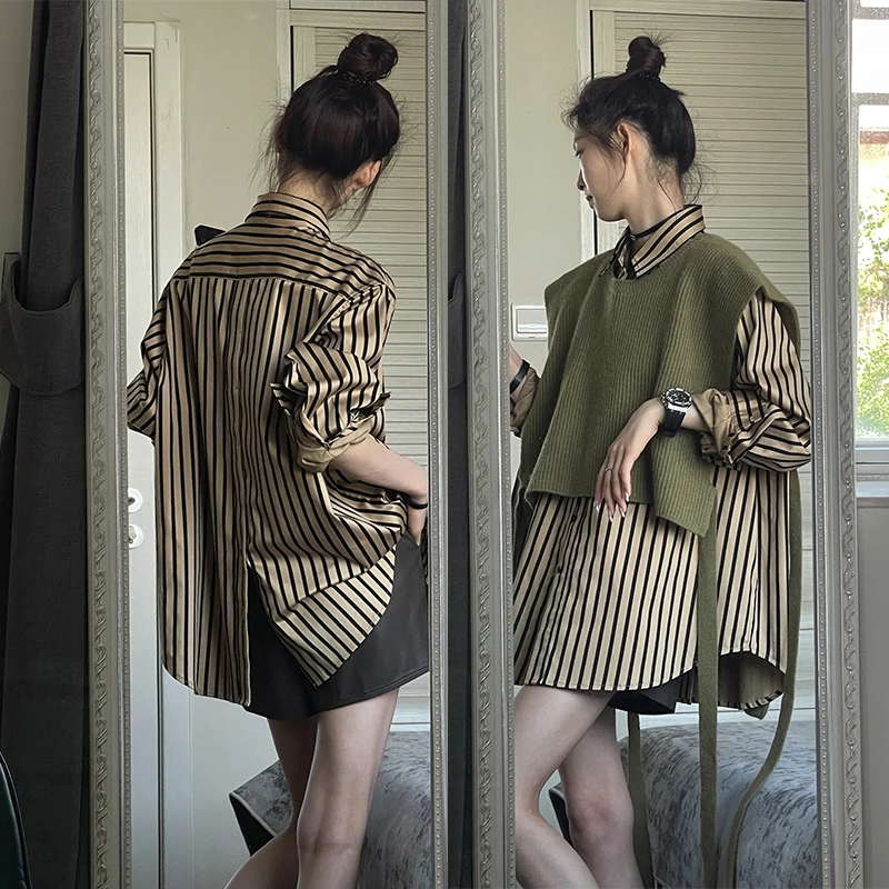 韩系后背设计感咖色条纹衬衫女春季2025新款休闲叠穿内搭长袖衬衣