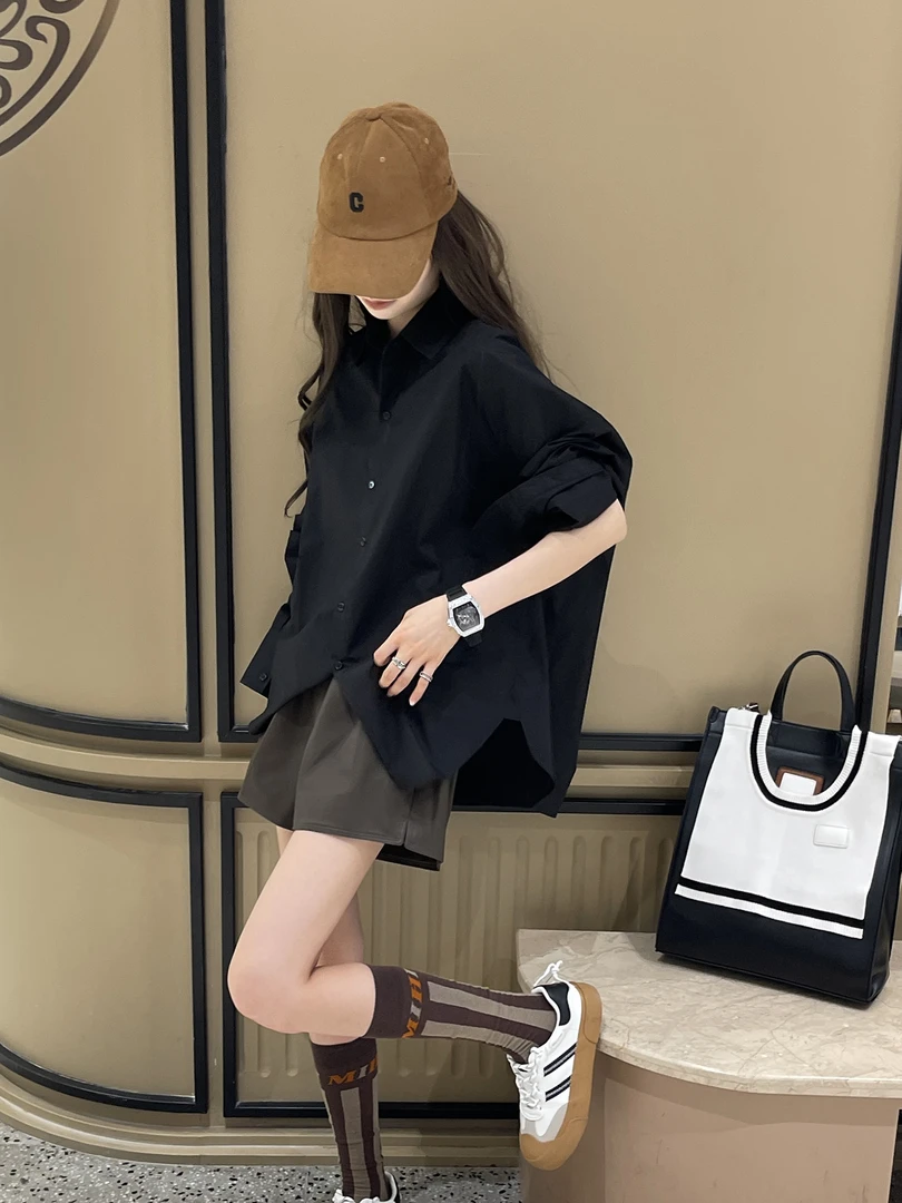自制挺括有型气质黑色衬衫女春季新款韩版简约宽松休闲长袖衬衣