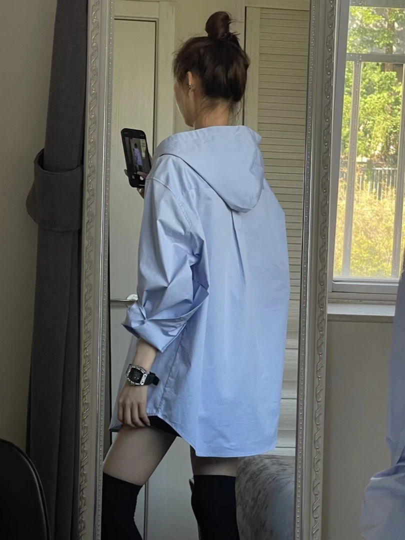 韩系休闲蓝色连帽长袖衬衫女2025春季慵懒风设计感中长款百搭衬衣
