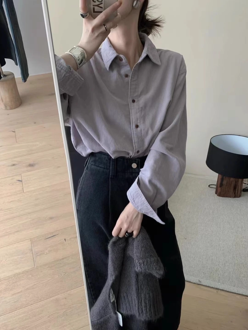 韩版复古紫色灯芯绒衬衫女春季新款设计感小众内搭翻领叠穿上衣