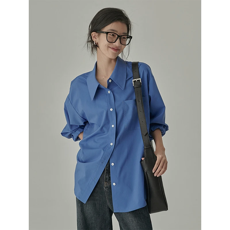韩系慵懒风蓝色衬衫女春季爆款免熨烫垂感显瘦宽松长袖衬衫上衣女