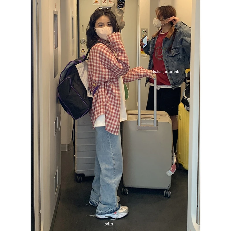 港风复古红色格子衬衫上衣女春季新款宽松百搭衬衣防晒外套薄款