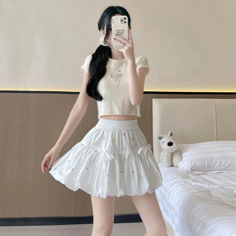 芭蕾风白色碎花裙子半身裙女夏季松紧高腰休闲显瘦A花苞裙半身裙