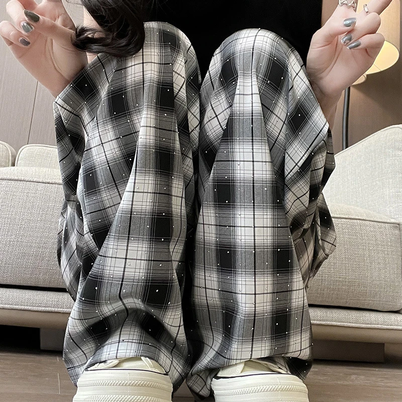慵懒风复古烫钻格子裤女夏季高腰垂感休闲阔腿裤显瘦直筒拖地长裤