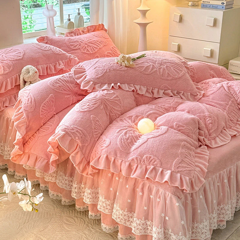 公主加厚雕花牛奶绒床四件套冬季双面绒双面被套裙款珊瑚保暖床罩