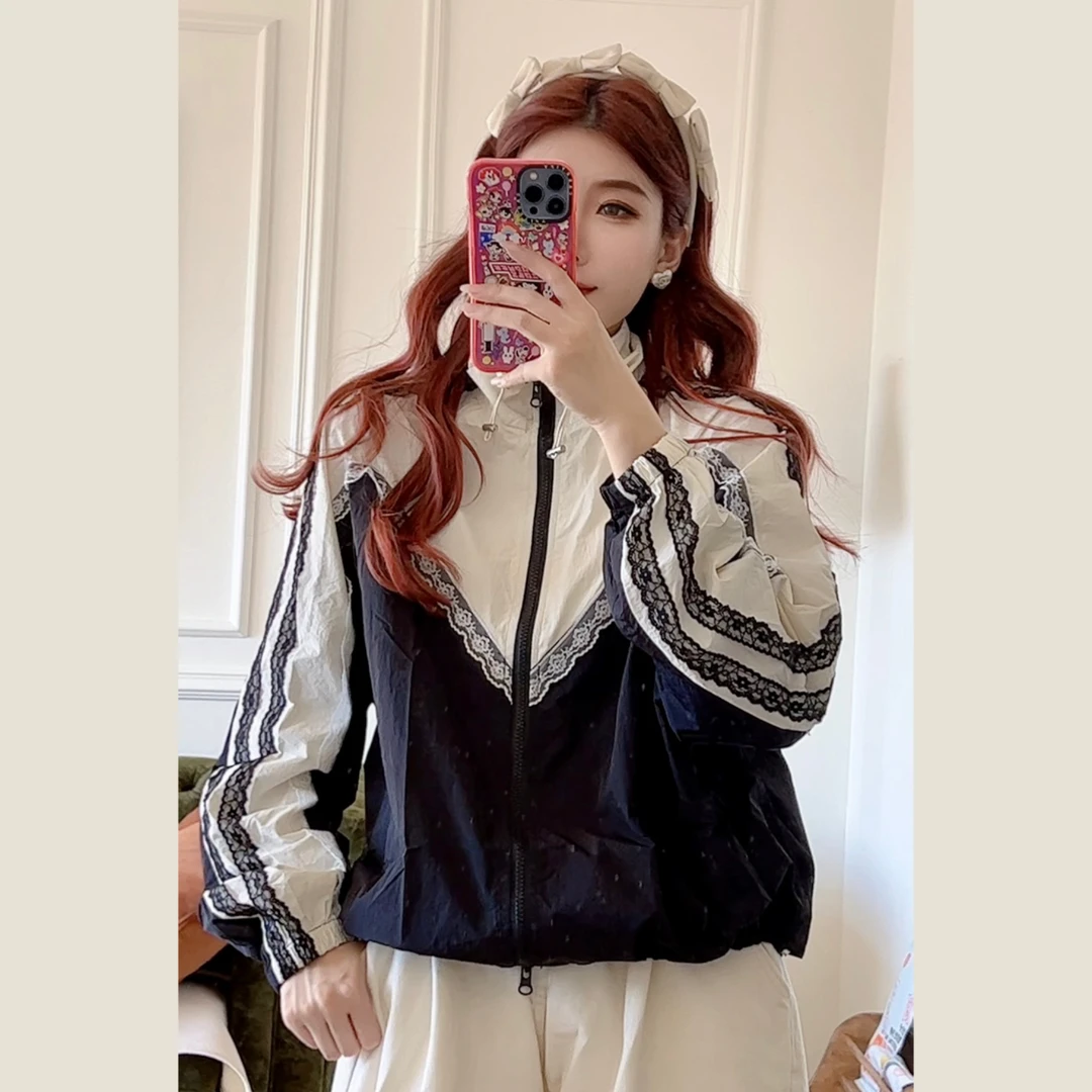 木木家 拼色蕾丝边薄外套