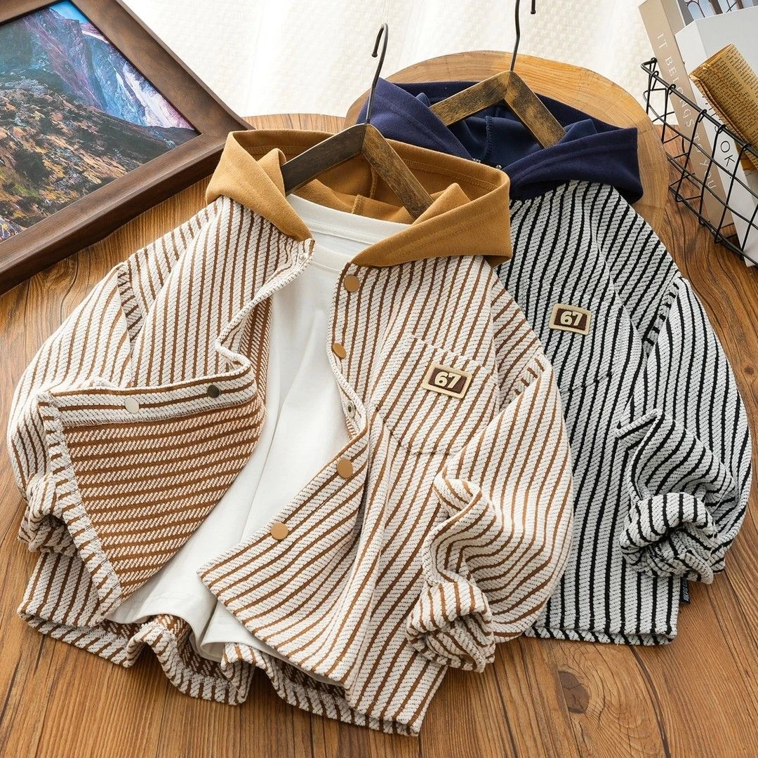 2025新款男童秋装外套中大儿童条纹连帽上衣男孩秋季长袖衬衫休闲