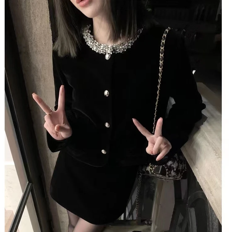 精致细腻哑光质感时尚短外套钉珠显瘦半身裙丝绒套装两件套高级感