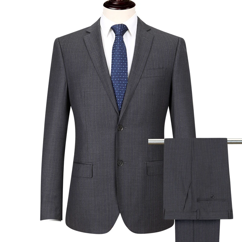高端品质灰色条纹西装套装男士商务休闲西服羊毛桑蚕丝