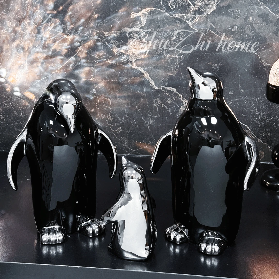 轻奢创意装饰企鹅一家三口摆件客厅玄关家居桌面书房艺术饰品摆件