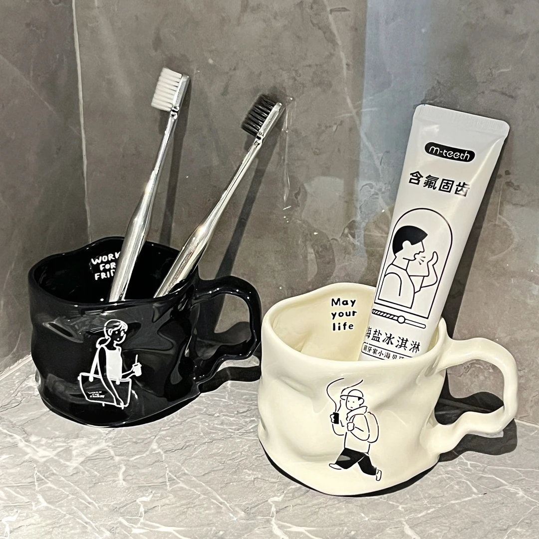 卡通创意漱口陶瓷杯情侣图案牙刷杯洗漱杯家用美观实用刷牙漱口杯