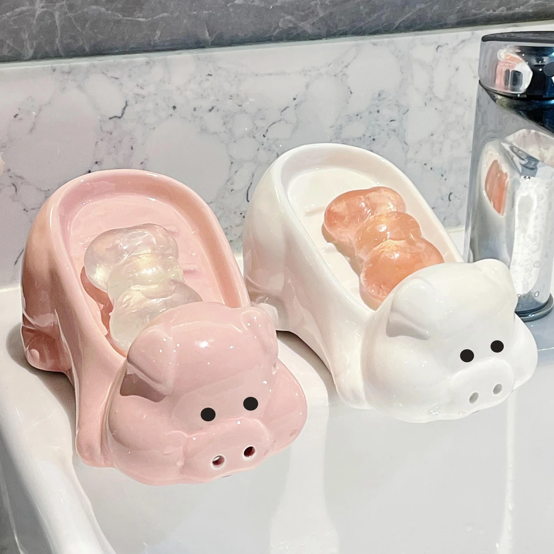 创意可爱小猪肥皂盒卫生间家用洗手台不积水陶瓷放香皂卡通香皂盒
