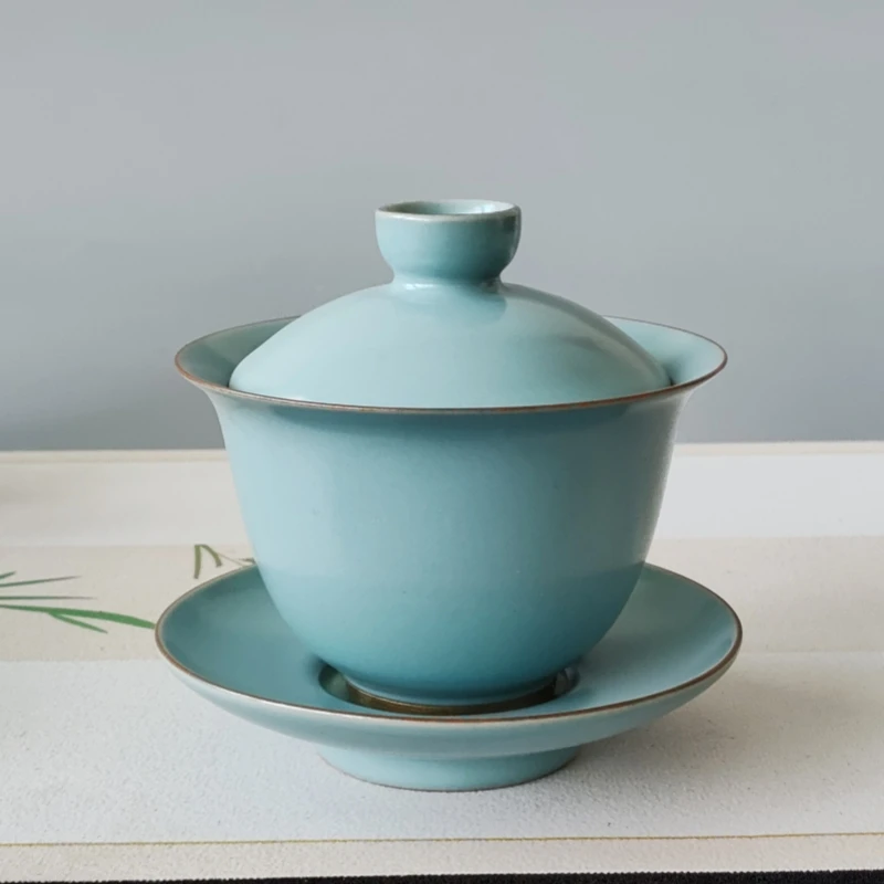 陶瓷三才盖碗泡茶杯单个家用功夫茶具汝窑开片汝瓷高档茶备盖杯