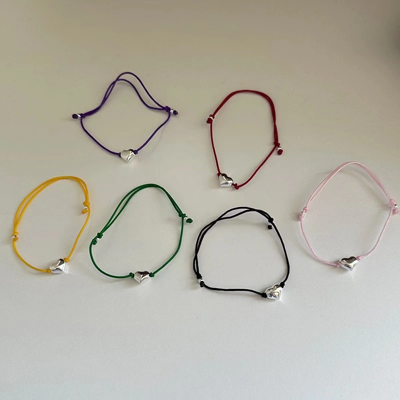 925银手链 [s714] 925纯银爱心彩色手绳手链女手工编织可调节心形