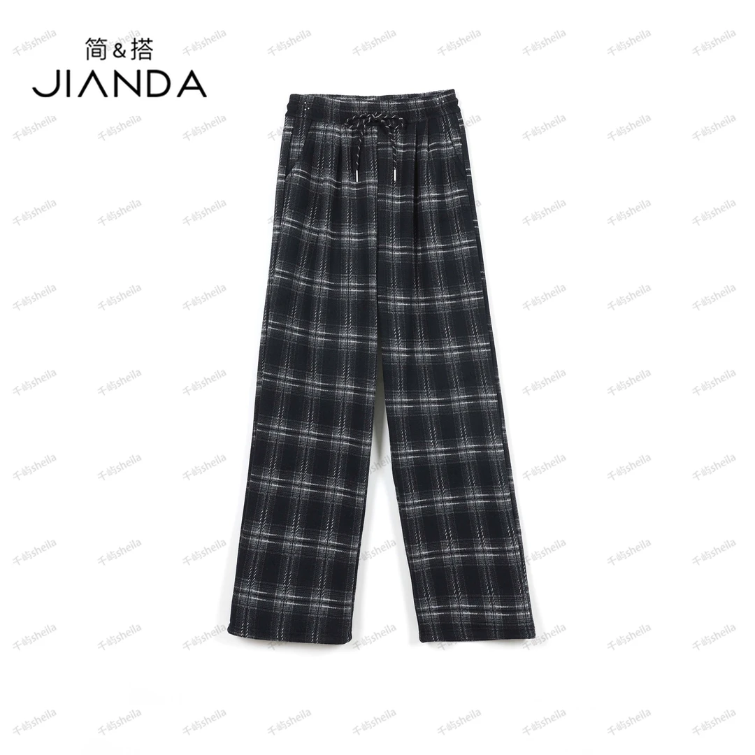 千屿Sheila秋季百搭通勤裤子女士直筒加绒格子显瘦休闲裤1011-108