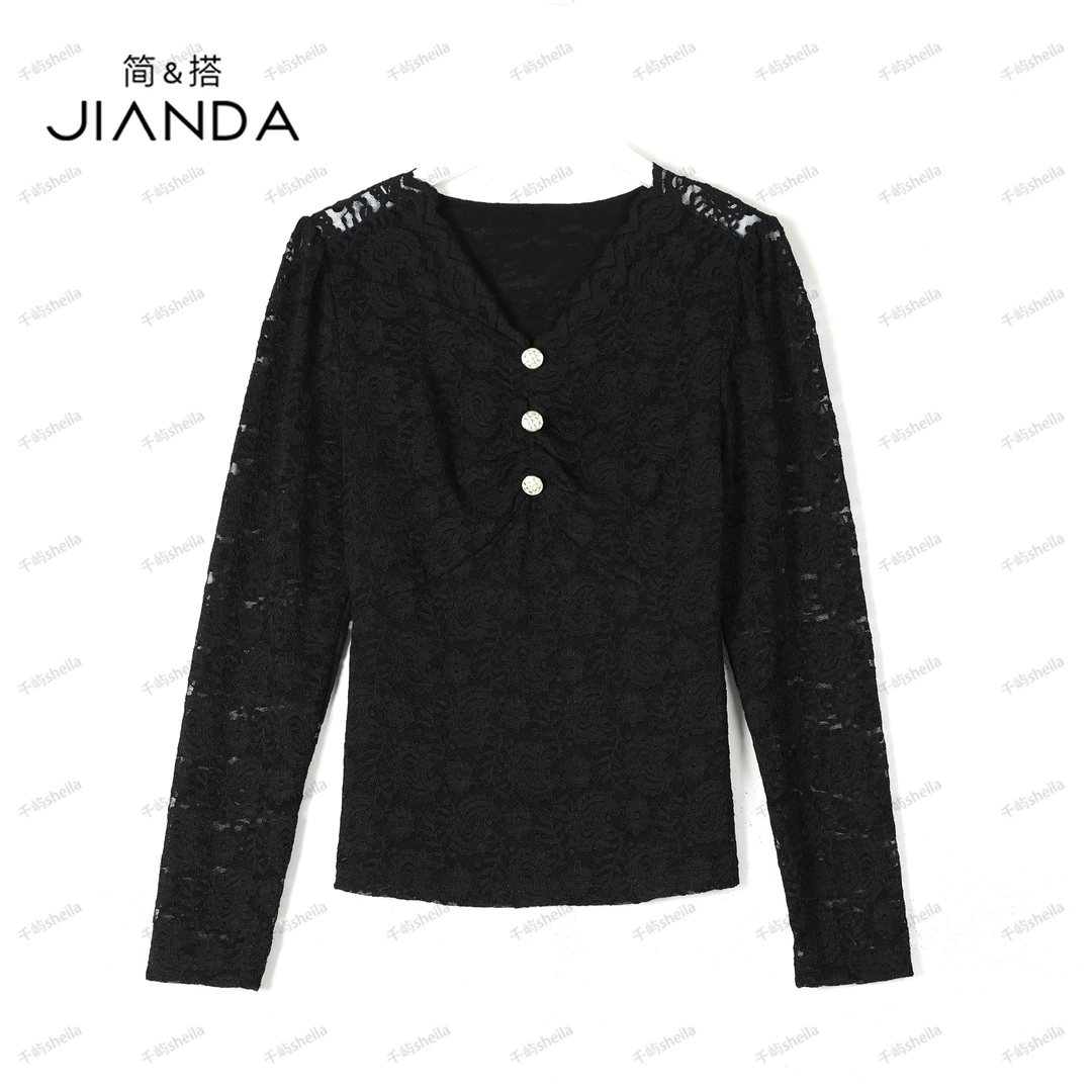 千屿Sheila春夏V领蕾丝三粒扣女人味上衣时髦233-SY/0925-391108