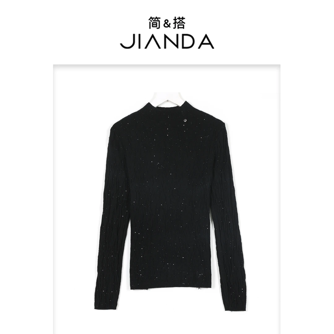 千屿Sheila秋冬女款上衣半高领重工亮片褶皱打底毛衣女 1023-7518
