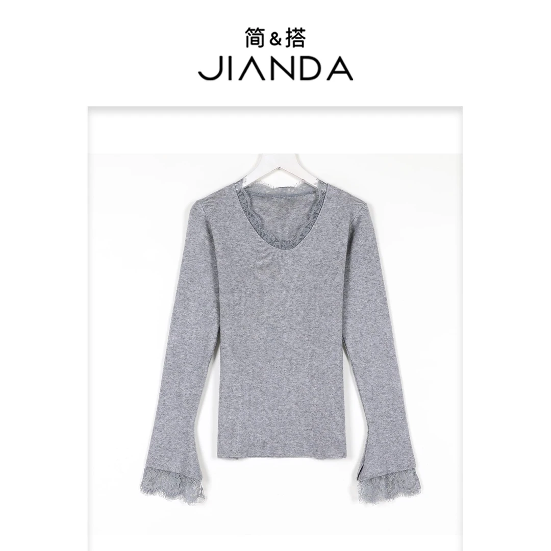 千屿Sheila睫毛蕾丝喇叭袖气质打底上衣长袖毛衣女秋冬 1106-6925