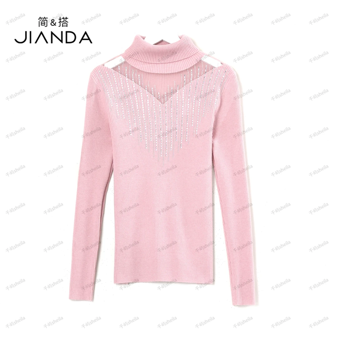 千屿Sheila秋季女士时尚轻奢百搭网红高领网纱镂空重工打底毛衣女
