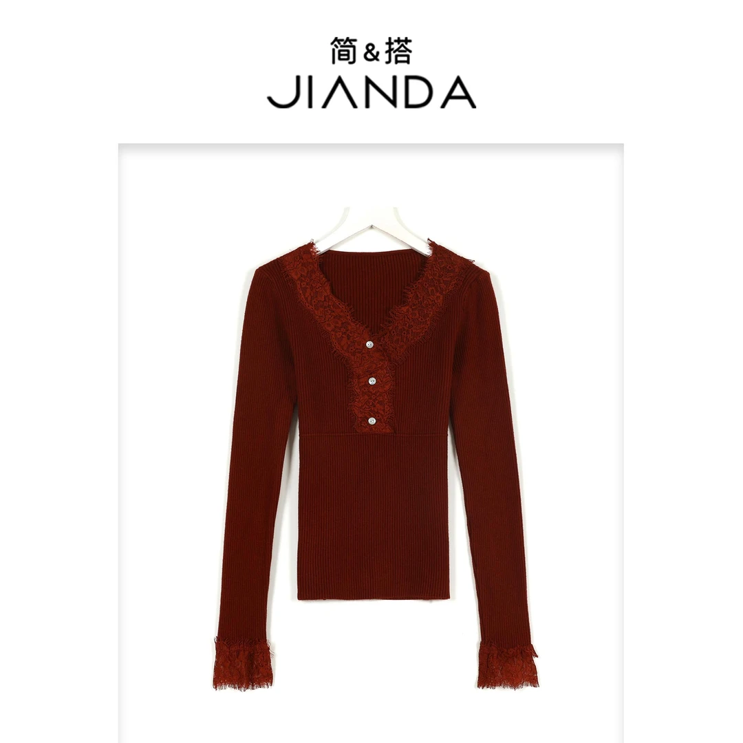 千屿Sheila睫毛蕾丝竖纹针织加厚长袖打底毛衣女秋冬款1103-88253