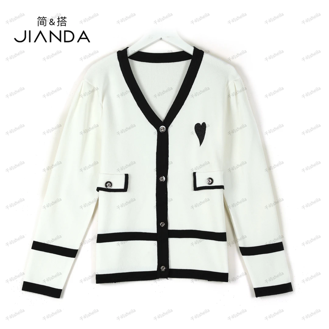 千屿SheilaV领拼色爱心小香风轻奢针织开衫外套女233-KS/0725-765