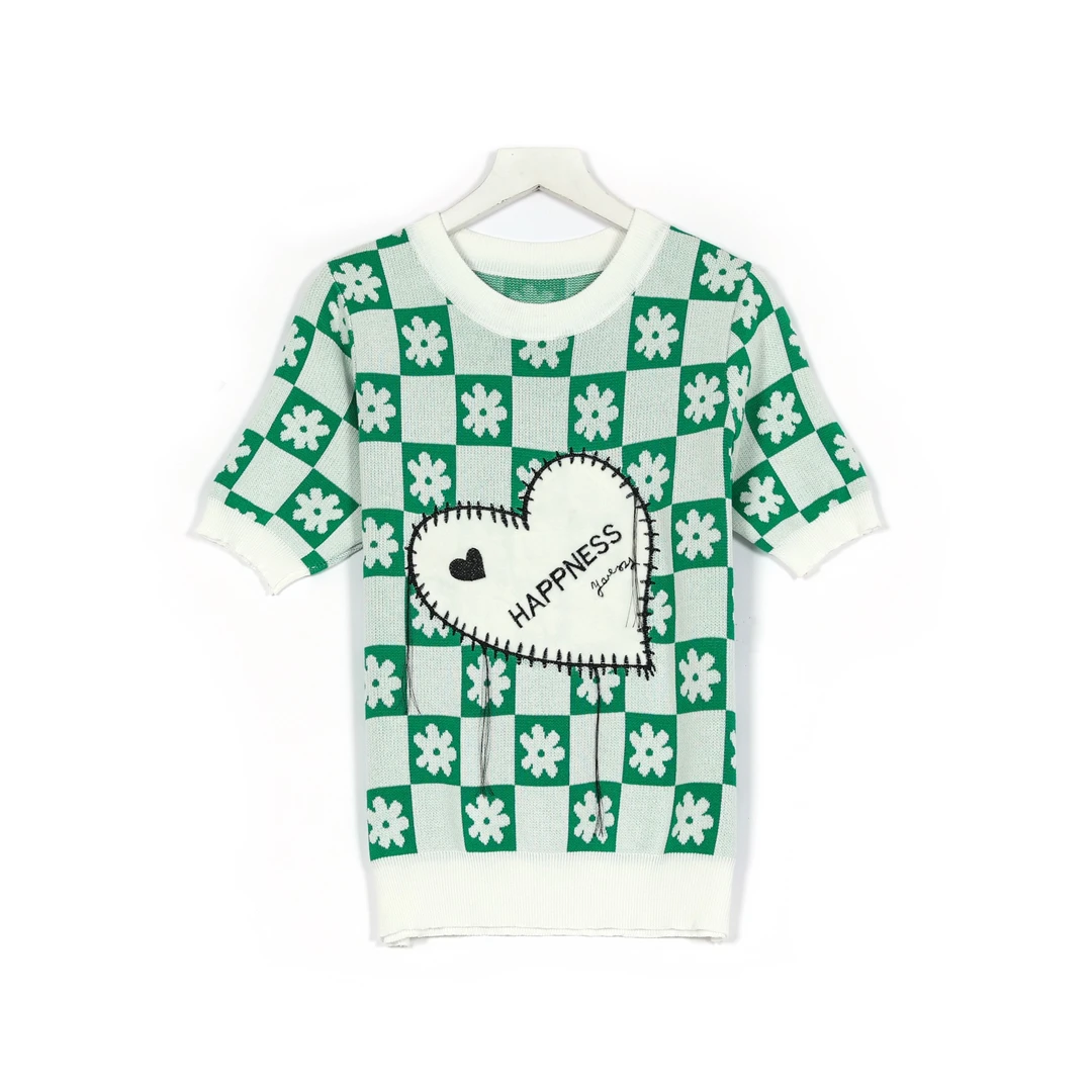 【千屿Sheila】夏季针织爱心设计短袖T恤上衣女231-TX/0227-2378