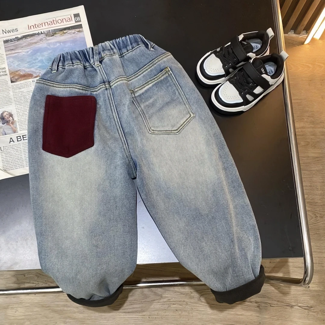 男童加绒牛仔裤2025新款小童宝宝冬季加厚保暖儿童柔软老爹裤子