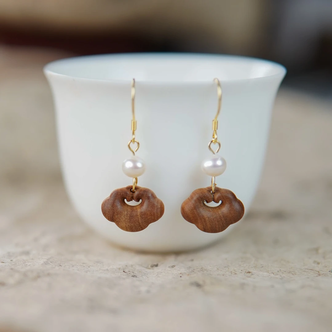 印度老山檀香珍珠如意耳环16*12MM TXEH0002