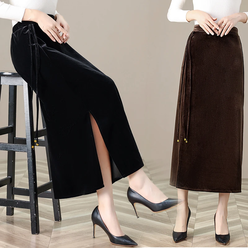 秋冬金丝绒半身裙女时尚妈妈装包臀裙子大码高腰显瘦新中式流苏裙