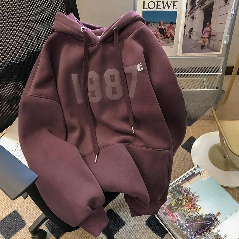 2023新款秋冬新款字母印花休闲加绒加厚连帽宽松卫衣女减龄套头上