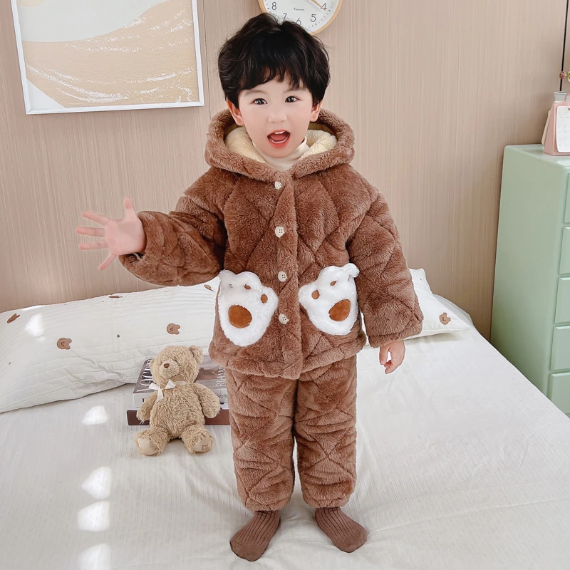 儿童睡衣三层加厚款冬季夹棉保暖女孩宝宝秋冬款法兰绒男童家居服