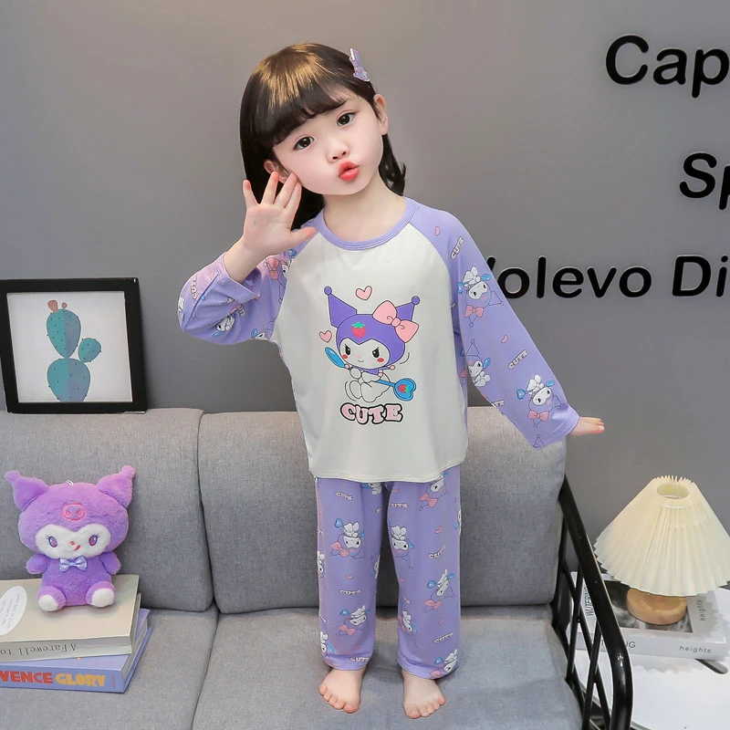 春夏季薄款儿童睡衣长袖莫代尔女孩家居服女童高腰夏款宝宝空调服