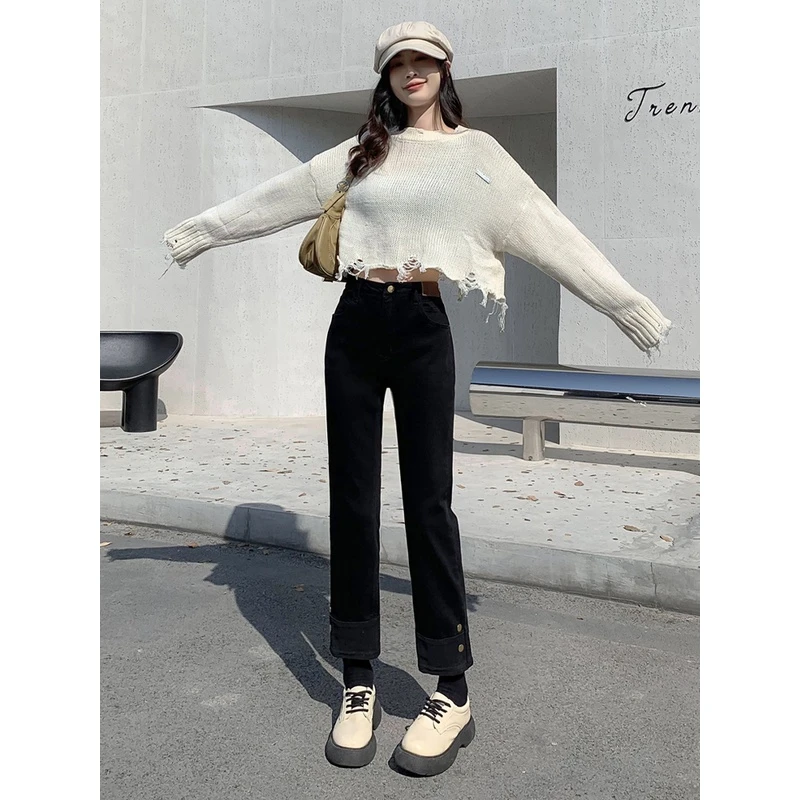 直筒九分薄绒裤裤春秋小个子高腰显瘦外穿弹力百搭黑色秋冬宽松