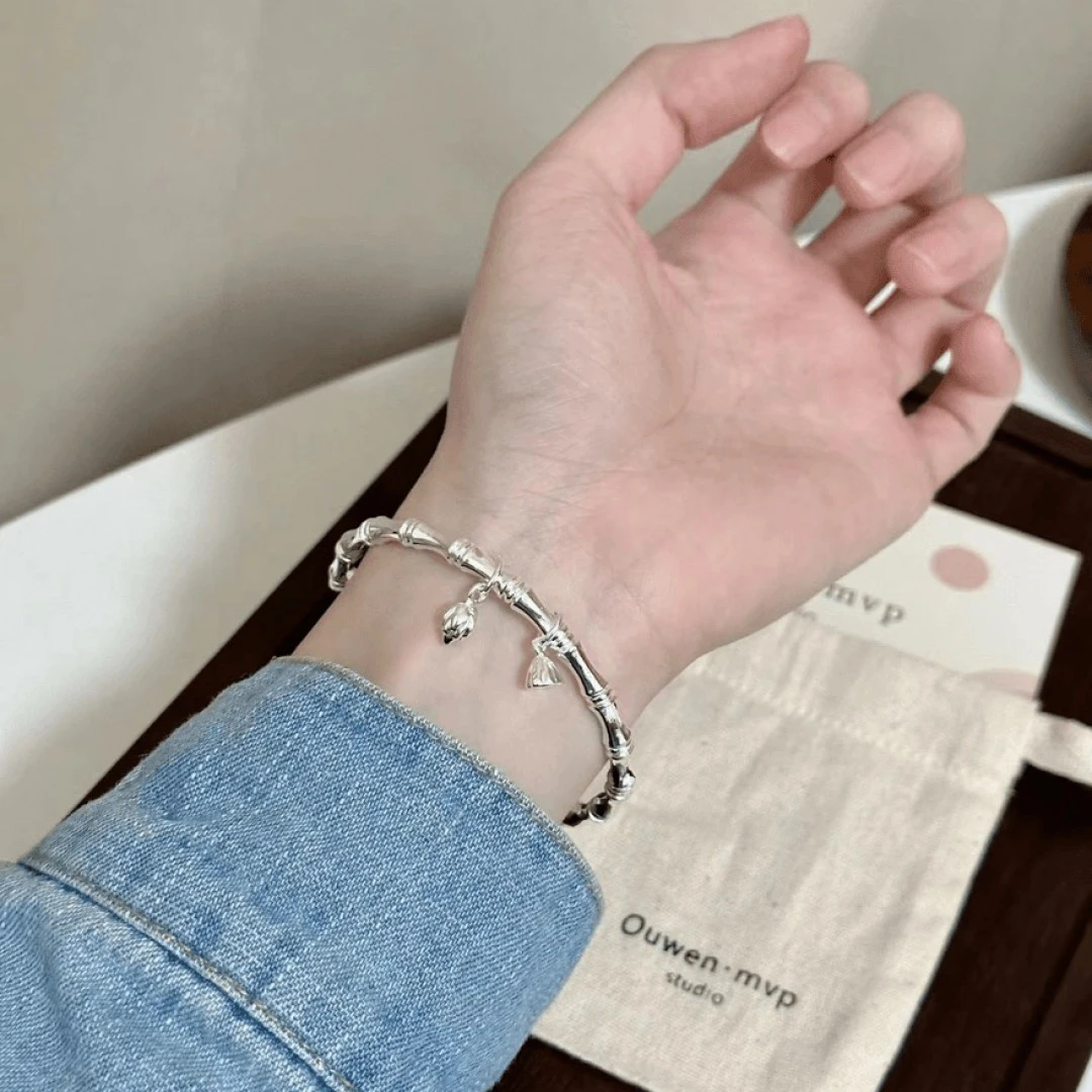 足银手链 编号603：竹节亮面两世欢手链01（无证书）