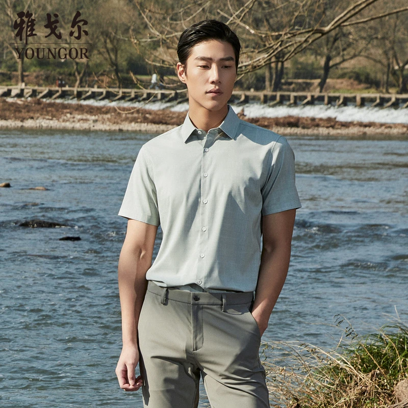 【莫代尔 新款】雅戈尔男士夏季格纹方领商务休闲短袖衬衫124862