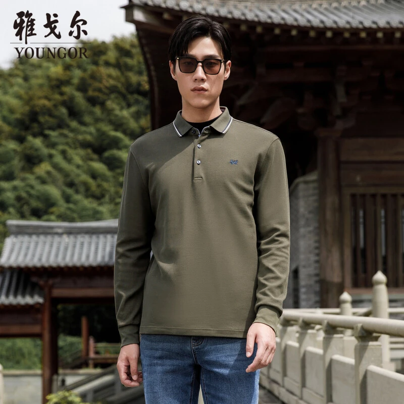 雅戈尔男装官方正品春秋季宽松男士长袖纯棉翻领长袖POLO衫505999