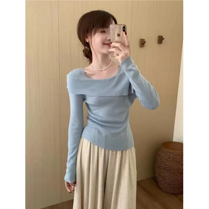 甜美气质一字肩假两件淑女装上衣早秋新款韩版百搭修身显瘦针织衫