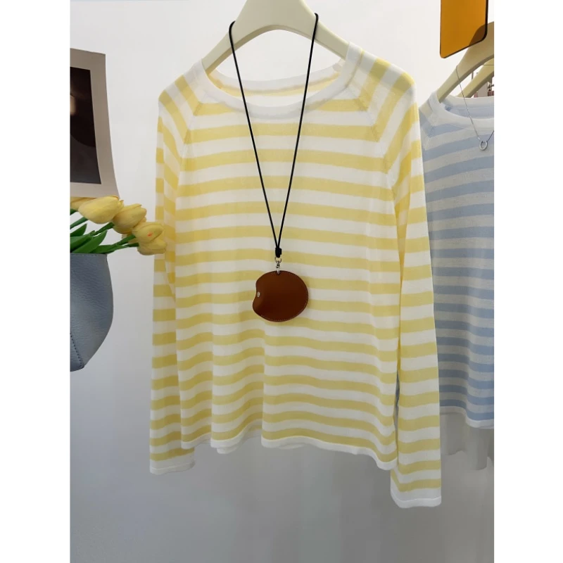 韩系chic洋气减龄条纹圆领长袖冰丝针织衫女夏季薄款宽松防晒罩衫