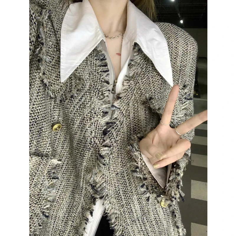 白色叠穿尖领衬衫女春秋新款设计感小众双拉链内搭打底别致上衣潮