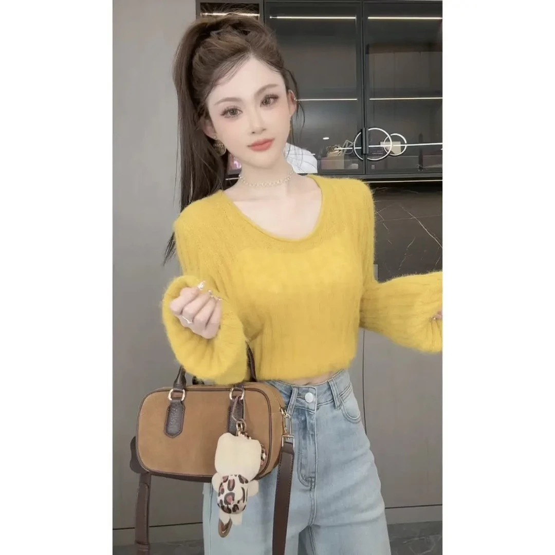 性感纯欲风气质V领长袖毛衣女早秋新款修身显瘦辣妹短款针织上衣