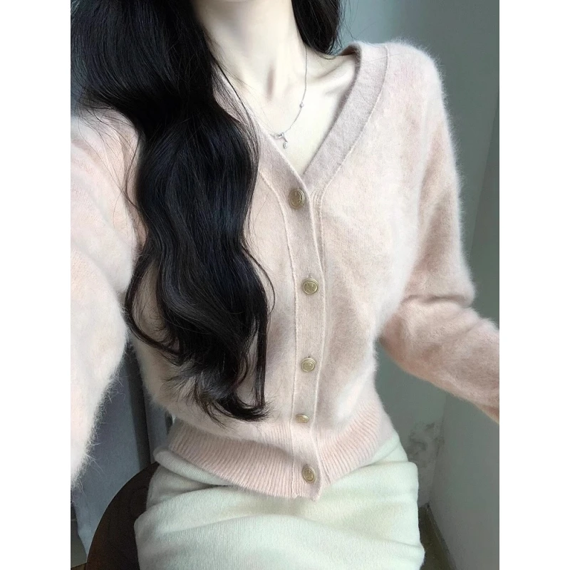 粉色短款V领浣熊绒毛衣女秋冬加厚软糯奶fufu慵懒风针织开衫外套