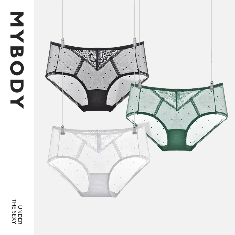 【商场同款】MYBODY内裤女士波点网纱性感薄透平角底裤蕾丝波点无痕