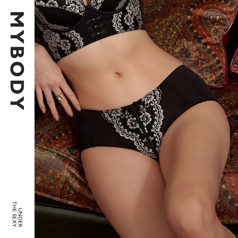 【商场同款】MYBODY女士内裤中腰薄款平角裤撞色性感蕾丝透气底裤