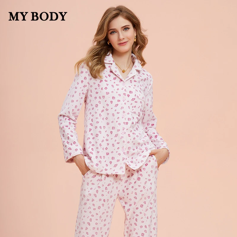 【商场同款】MYBODY秋冬法兰绒睡衣女士印花暖绒舒适保暖家居服套装