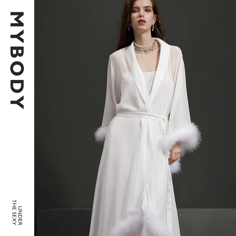 MYBODY秋季轻奢女士睡衣亲肤鸵鸟羽毛晨袍吊带性感睡裙家居服套装