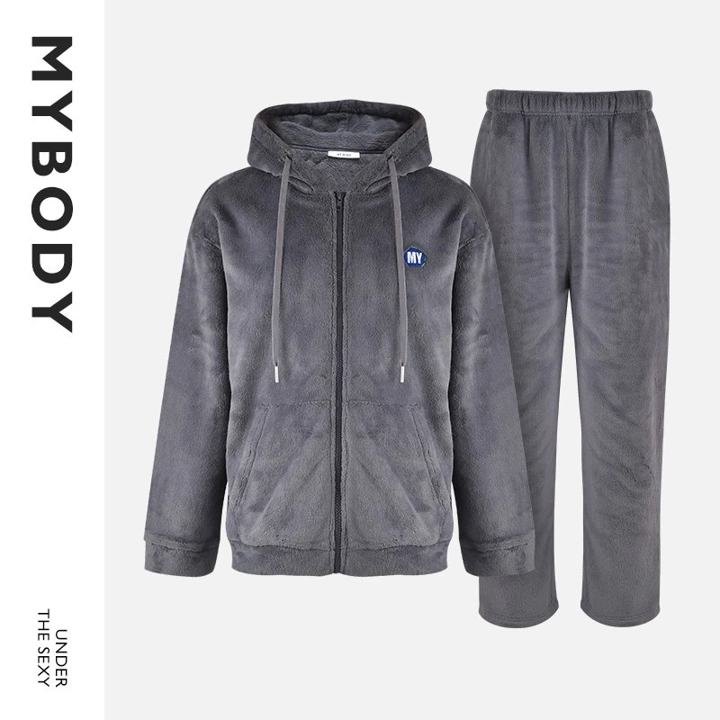 【商场同款】MYBODY睡衣男秋冬长袖长裤连帽中厚法兰绒家居服套装